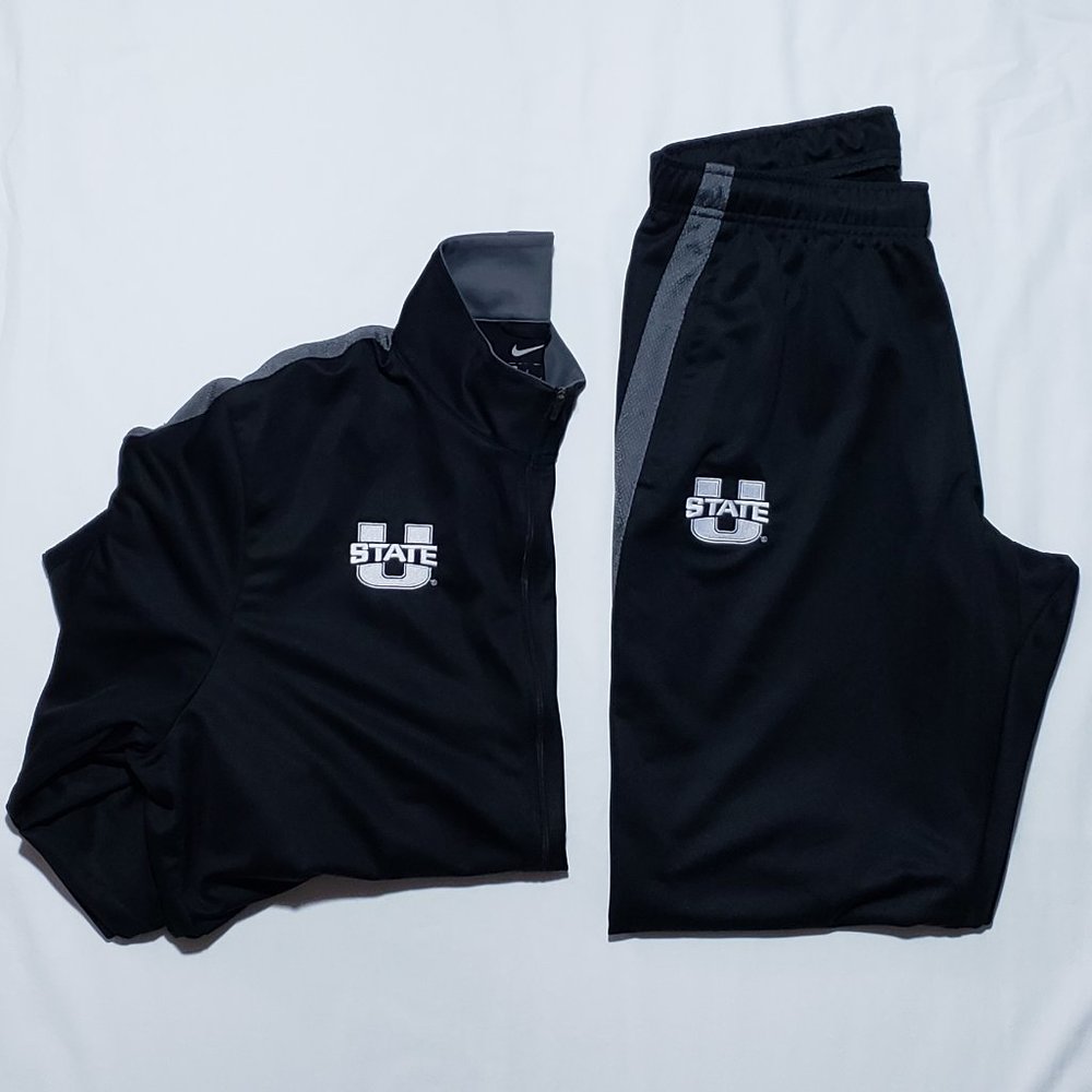 NIKE UTAH STATE AGGIES EPIC JACKET + PANTS BLACK GREY LARGE EUC
